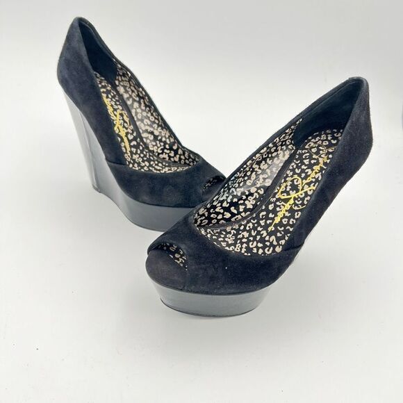 Jessica Simpson Women's Leelo Black Peep Toe Wedge Heel Suede Shoes Sz5B - Picture 1 of 7